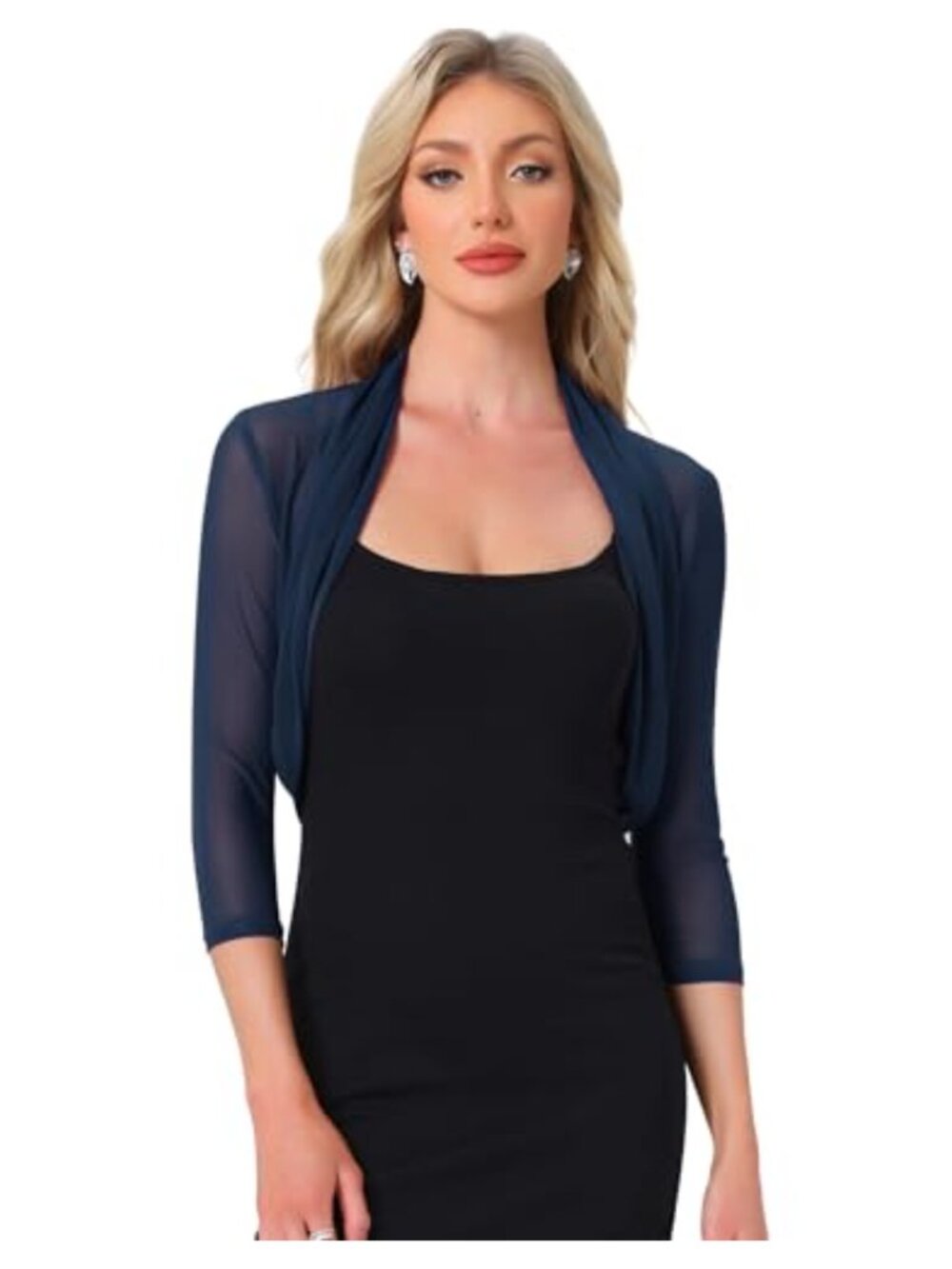 Mesh Sheer Cropped Bolero Shrug 3/4 Sleeve Stretch Knit Cardigan Women